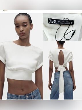 Zara Ivory Satin Tie-Back Crop Top